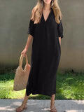 Full Size Notched Half Sleeve Midi Dress