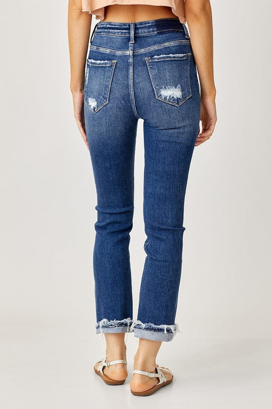 Risen Full Size High-Rise Frayed Cuffed Straight Jeans - Trendsi