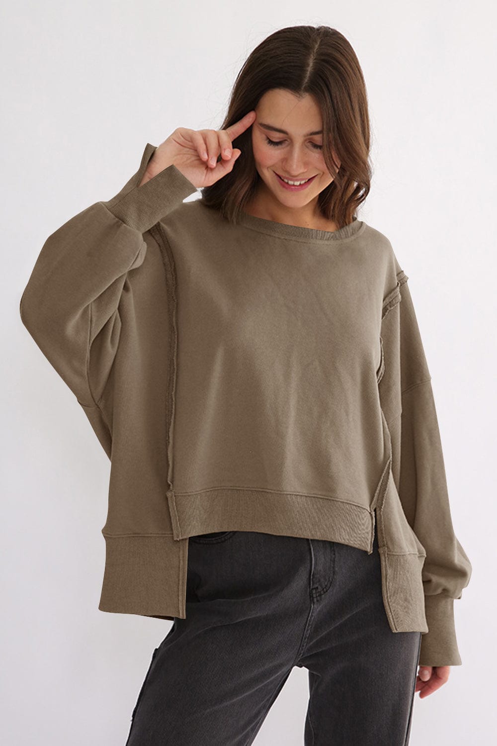 Exposed Seam High-Low Long Sleeve Sweatshirt - Trendsi