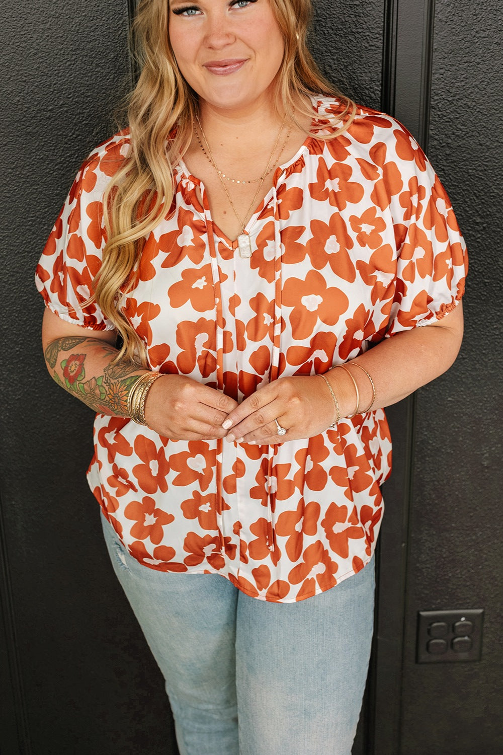 Plus Size Printed Tie Neck Short Sleeve Blouse - Flyclothing LLC