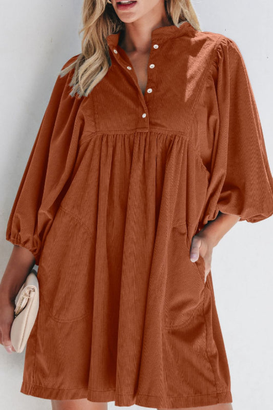 Corduroy Quarter Snap Three-Quarter Sleeve Dress