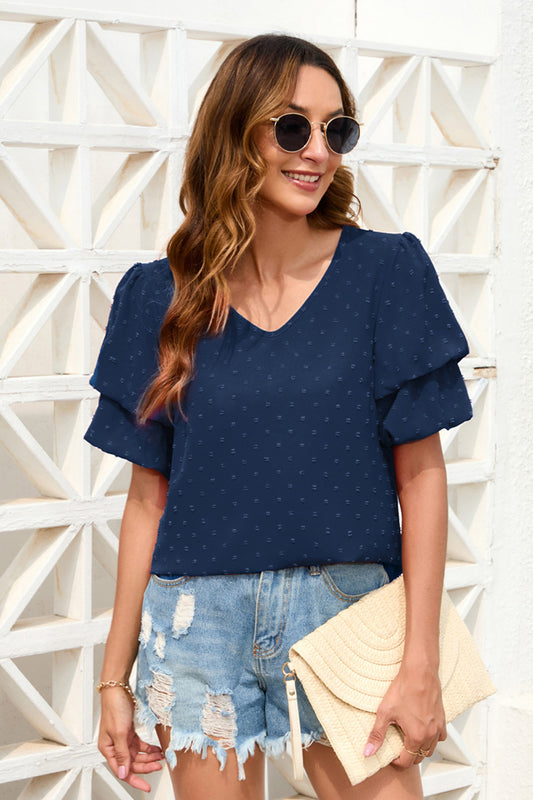 Swiss Dot V-Neck Short Sleeve Blouse Trendsi