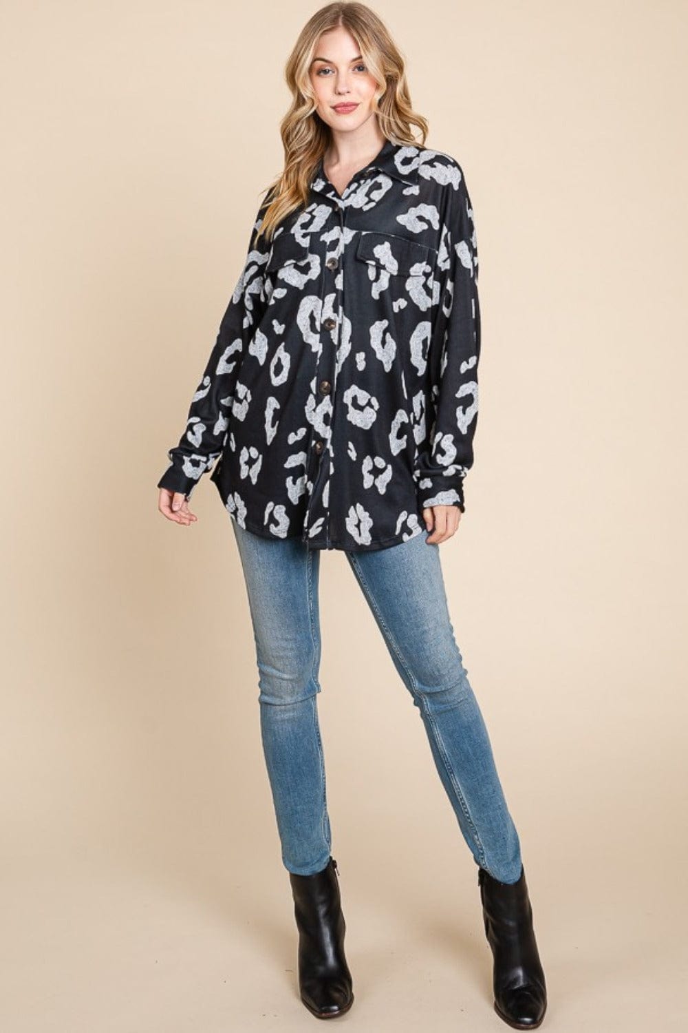 BOMBOM Animal Print Button Up Knit Shacket - Trendsi