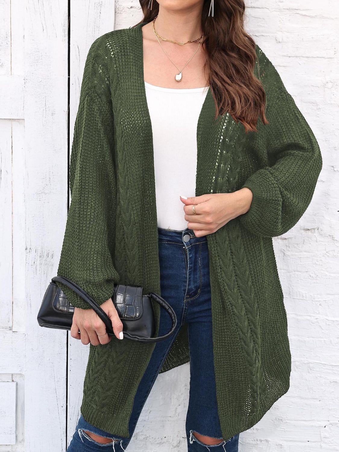 Cable-Knit Open Front Long Sleeve Cardigan - Trendsi