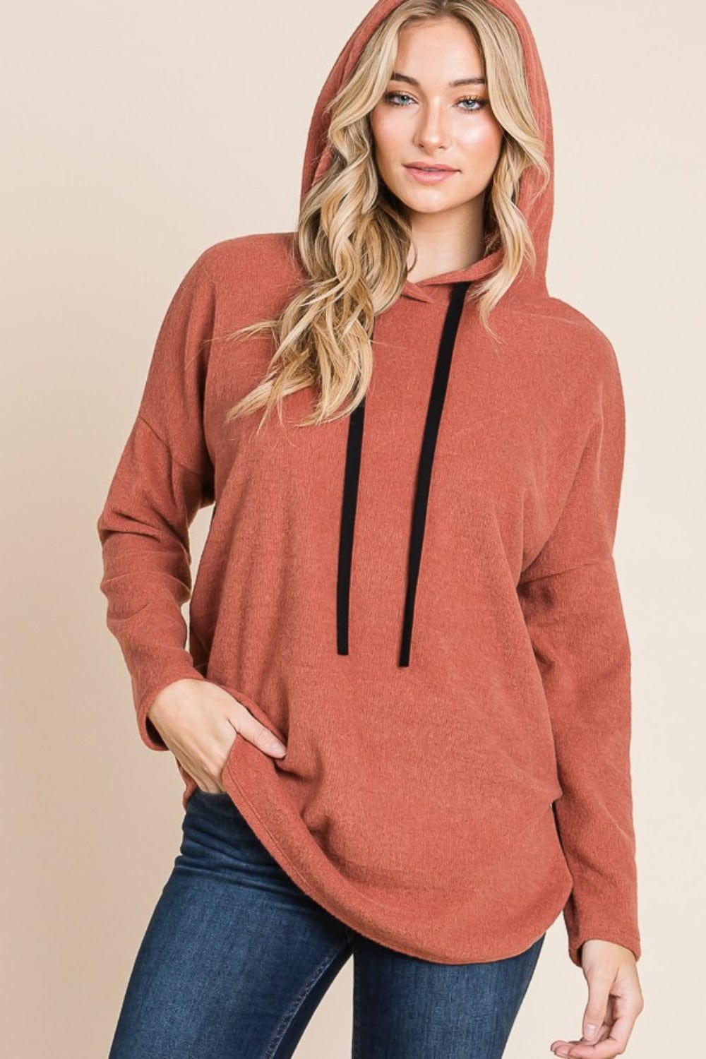 BOMBOM Contrast Drawstring Drop Shoulder Knit Hoodie - Trendsi