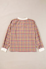 Mulit-Color Plaid Round Neck Long Sleeve Blouse - Trendsi