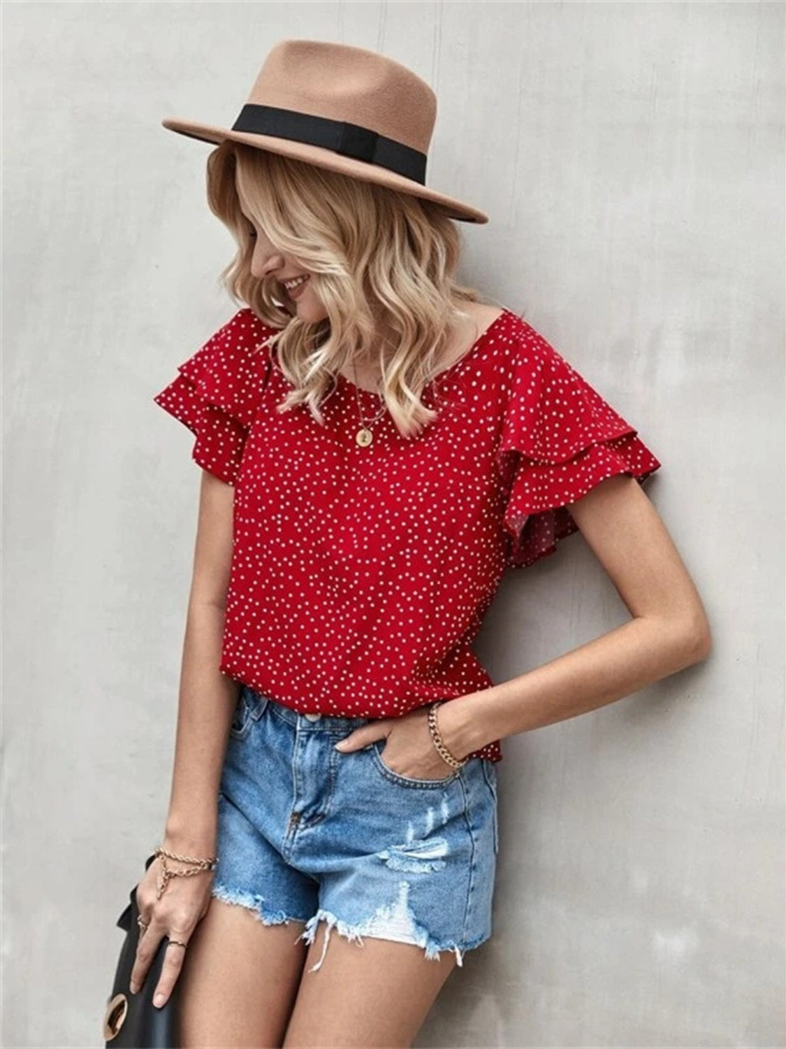 Ruffled Polka Dot Round Neck Short Sleeve Blouse - Flyclothing LLC