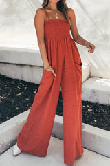 Smocked Spaghetti Strap Wide Leg Jumpsuit - Flyclothing LLC