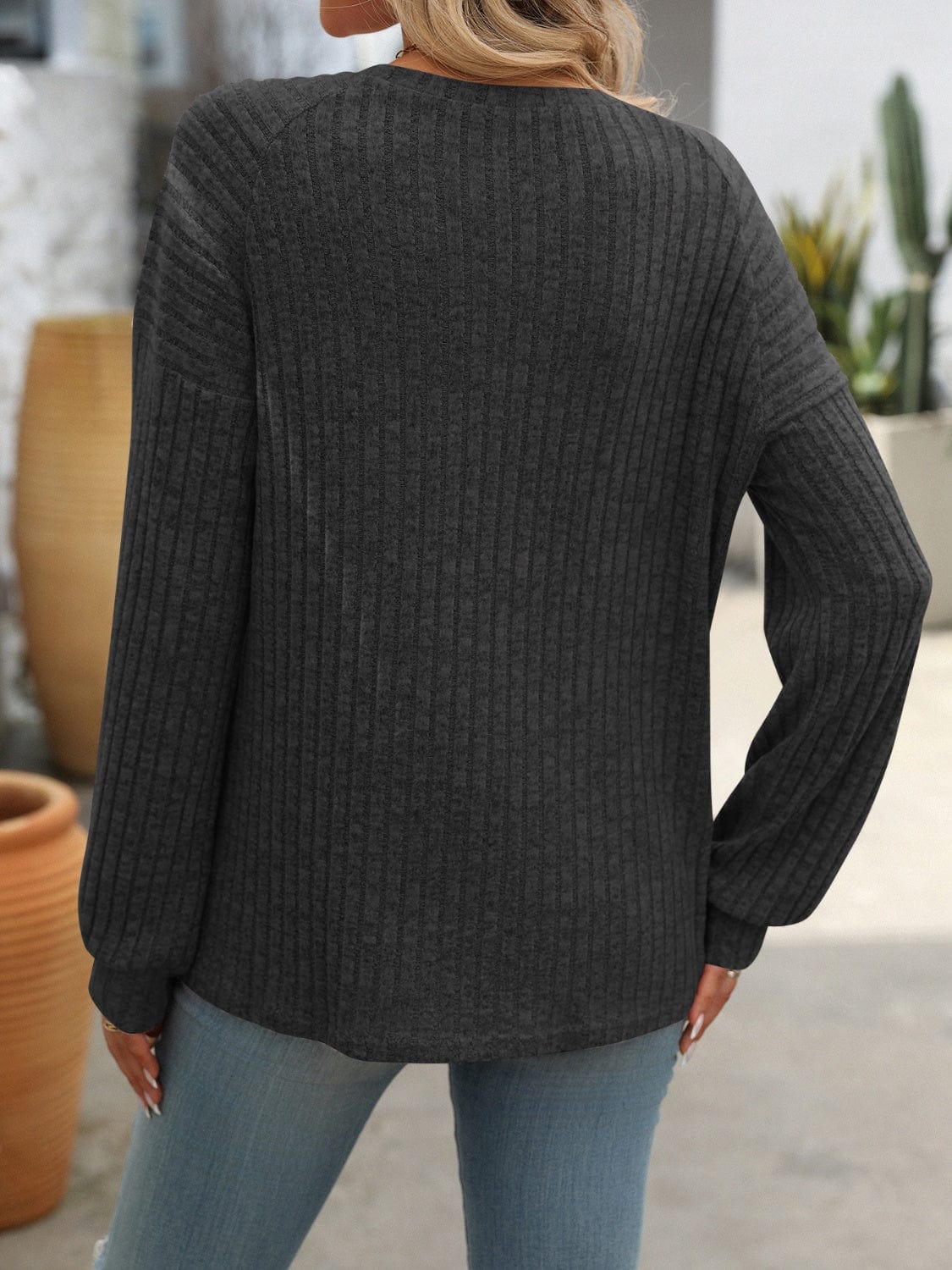 Decor Button Long Sleeve Ribbed T-Shirt - Trendsi