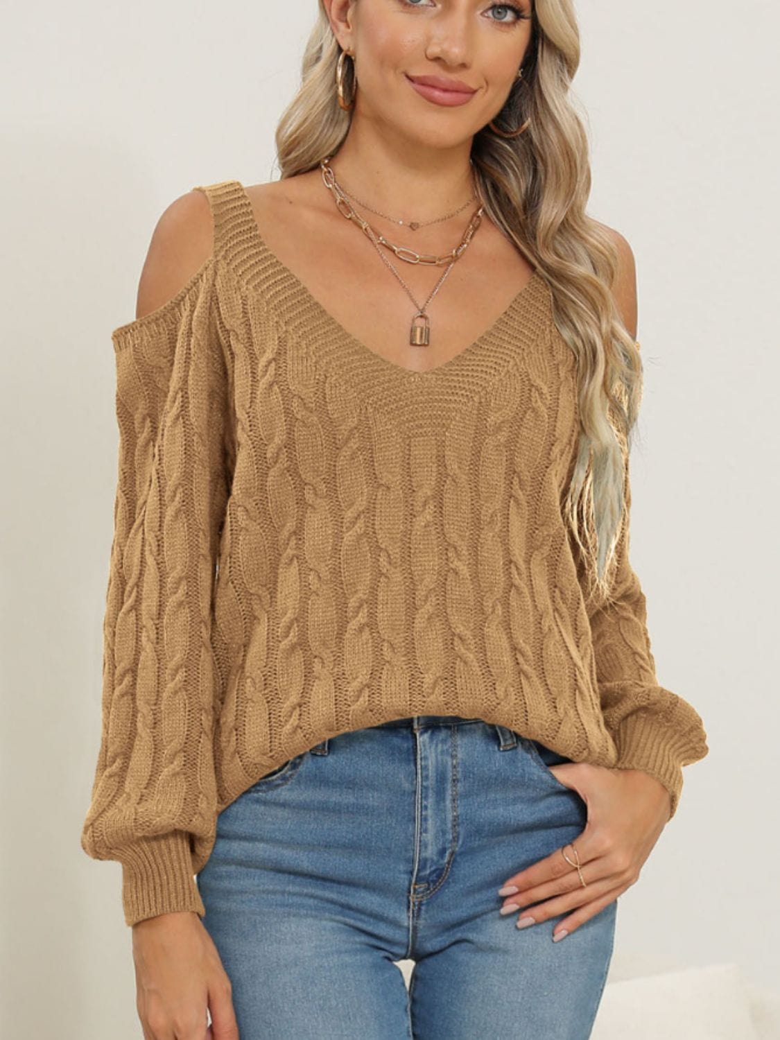 Cable-Knit V-Neck Long Sleeve Sweater - Trendsi