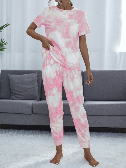 Tie-Dye Round Neck Short Sleeve Top and Pants Trendsi