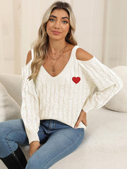 Cable-Knit Heart V-Neck Sweater - Trendsi