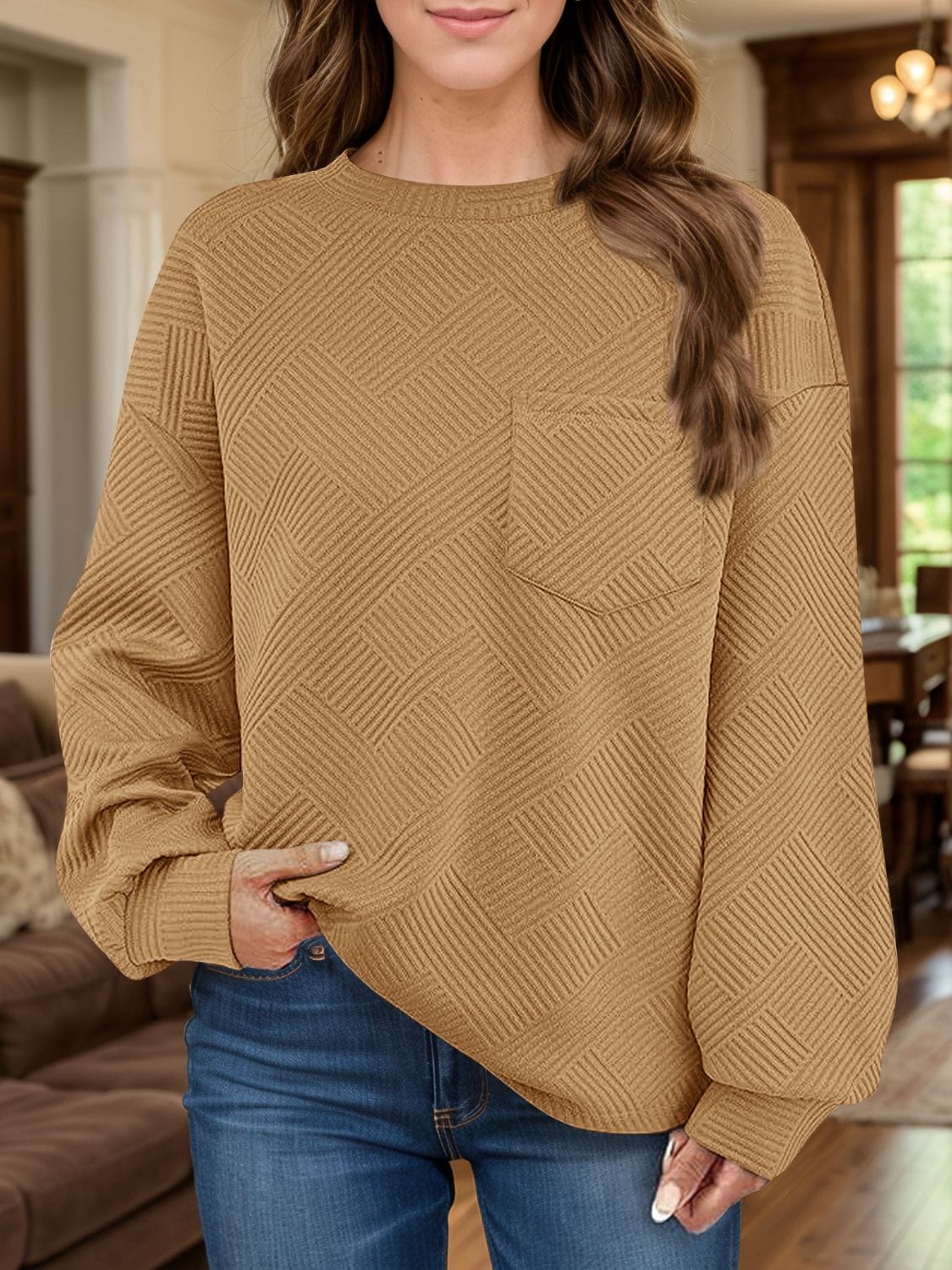 Full Size Texture Round Neck Long Sleeve Sweatshirt - Trendsi