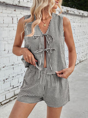 Lovelet Tied Plaid V-Neck Vest and Shorts Set