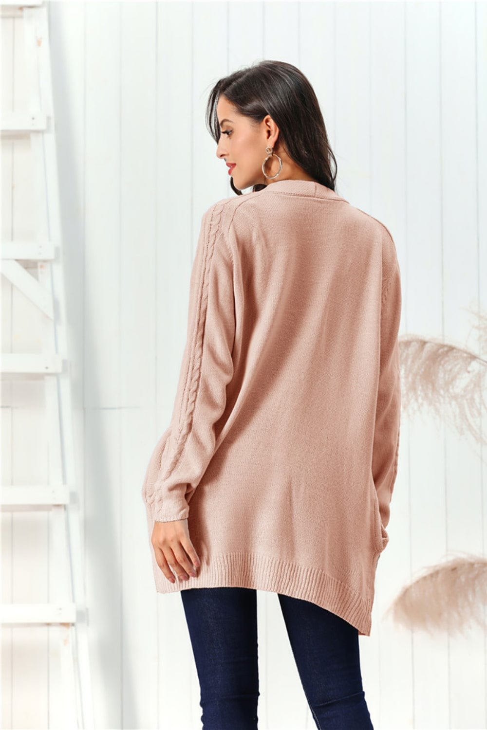 Cable-Knit Open Front Long Sleeve Cardigan - Trendsi