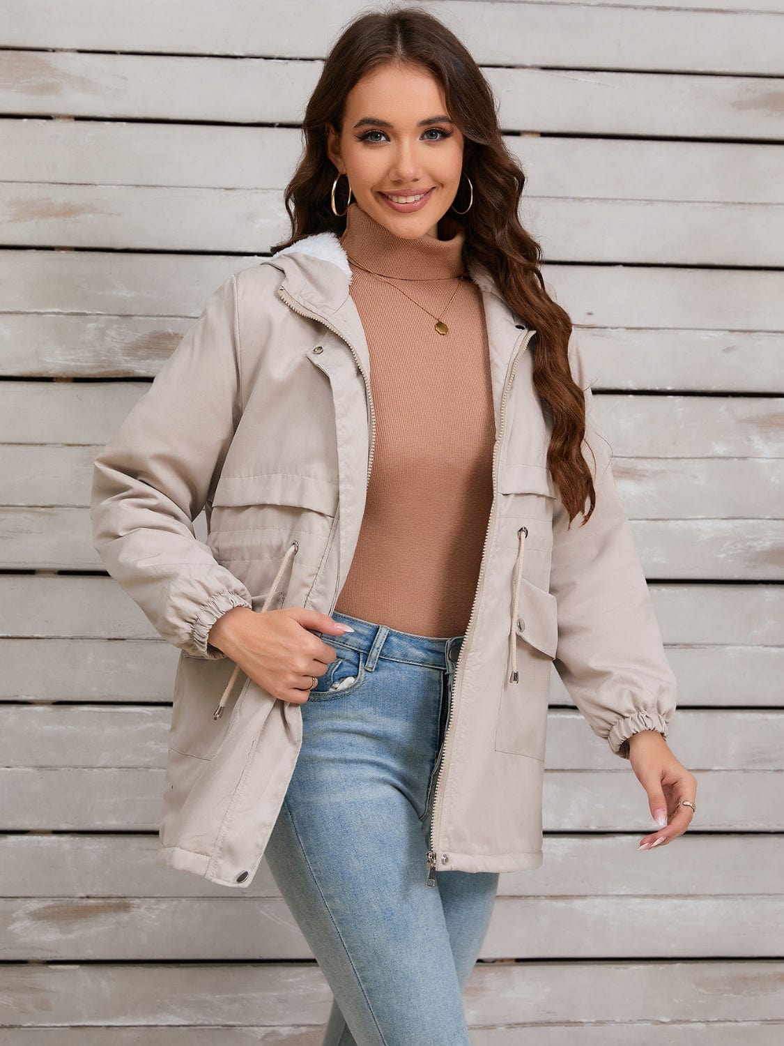 Drawstring Long Sleeve Hooded Jacket - Trendsi