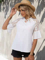 Lace Detail Tie Neck Half Sleeve Blouse Trendsi