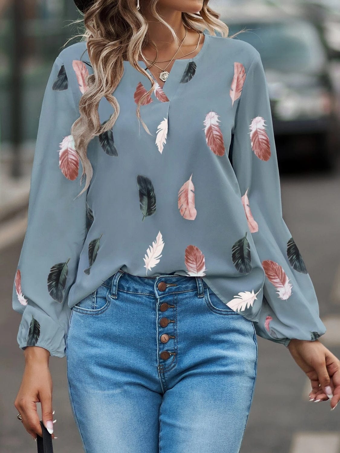 Feather Print Notched Balloon Sleeve Top - Trendsi