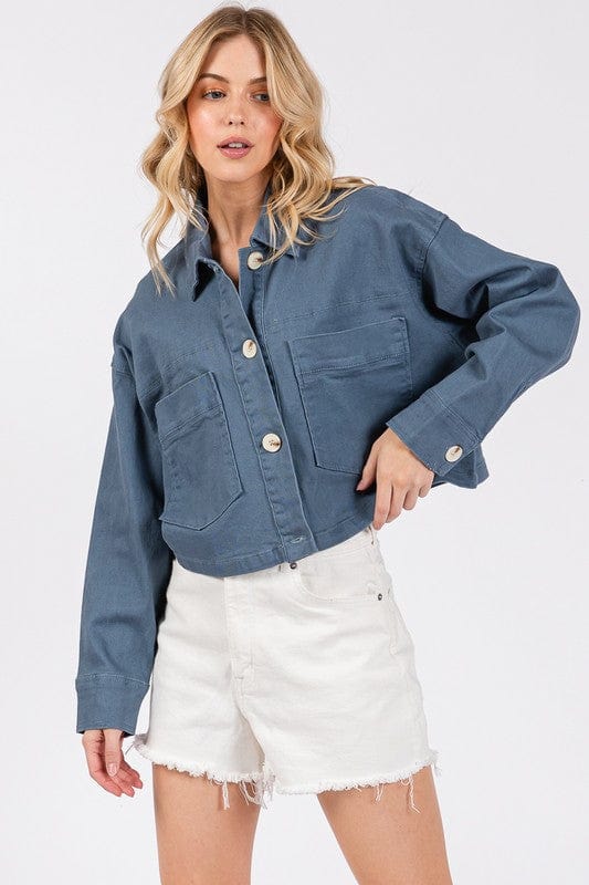 bytos Button Down Cropped Denim Jacket with Patch Pockets - Trendsi