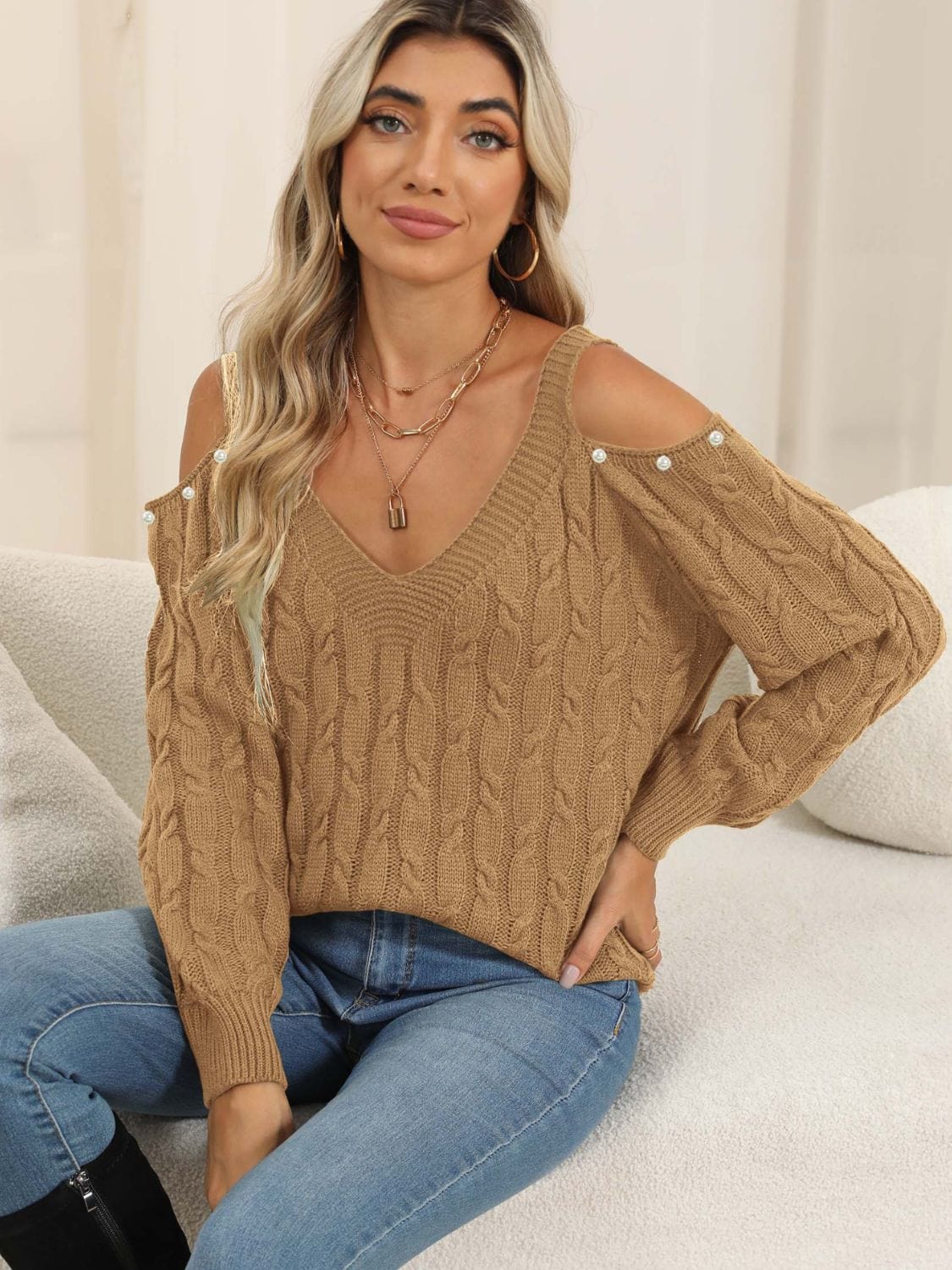 Cable-Knit Cold Shoulder Sweater - Trendsi