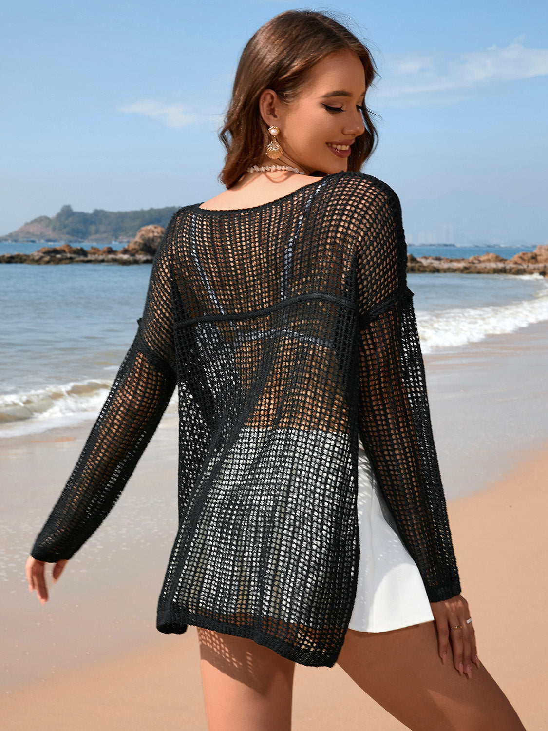 Openwork Slit Boat Neck Long Sleeve Cover-Up - Flyclothing LLC