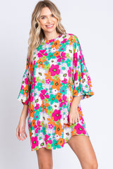 GeeGee Full Size Floral Round Neck Lantern Sleeve Mini Dress - Flyclothing LLC