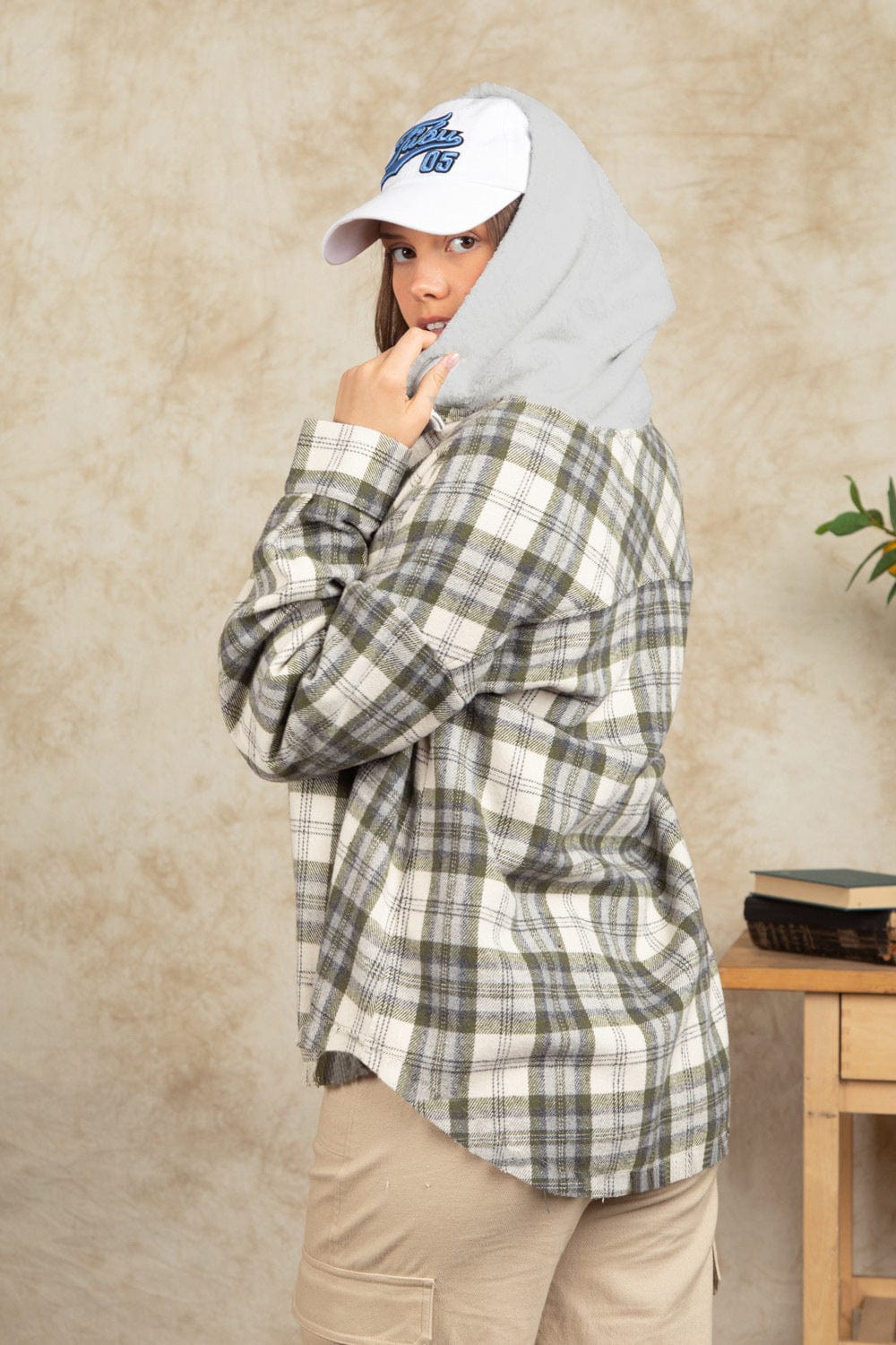 Drawstring Plaid Long Sleeve Hooded Jacket - Trendsi