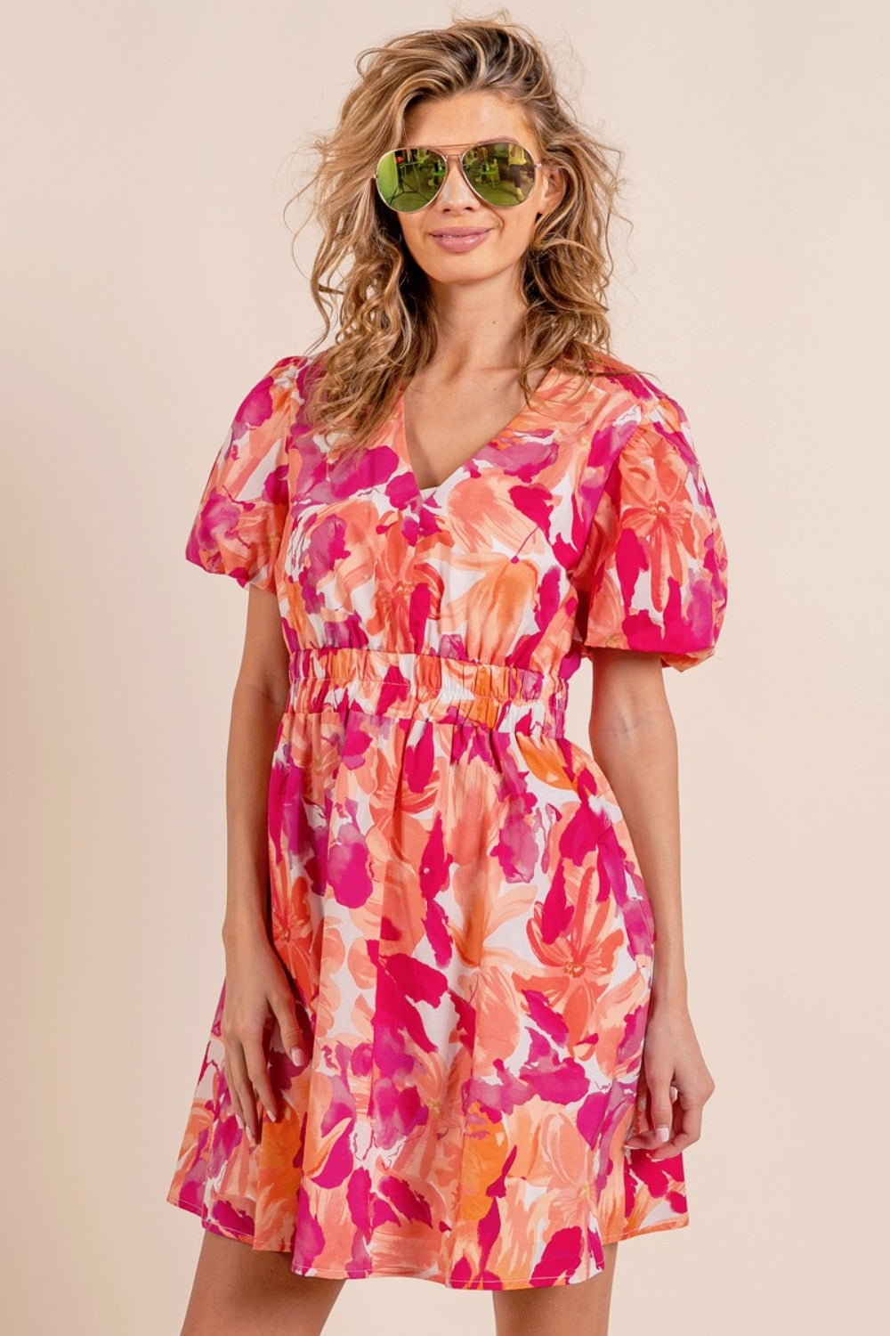 BiBi Floral V-Neck Puff Sleeve Mini Dress - Flyclothing LLC