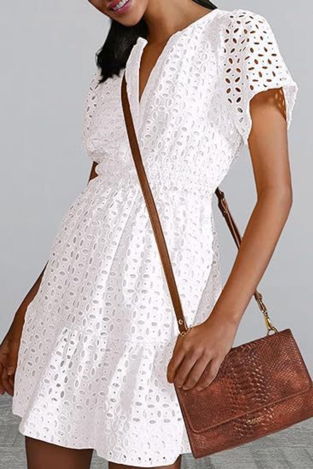 Eyelet Notched Short Sleeve Mini Dress - Trendsi