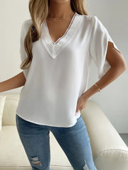 V-Neck Short Sleeve Blouse - Flyclothing LLC