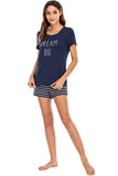 Graphic Round Neck Top and Striped Shorts Lounge Set - Flyclothing LLC