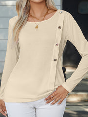 Decorative Button Round Neck Long Sleeve T-Shirt - Flyclothing LLC