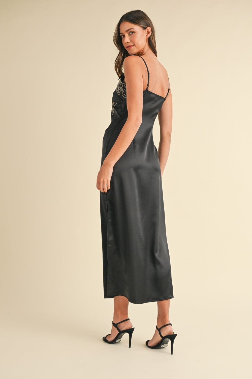 Mable Embroidered Cami Satin Midi Slit Dress - Trendsi