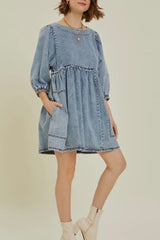 Cutout Round Neck Balloon Sleeve Denim Dress - Trendsi