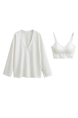 Basic Bae V-Neck Dropped Shoulder Long Sleeve Sweatshirt with Bra - Trendsi