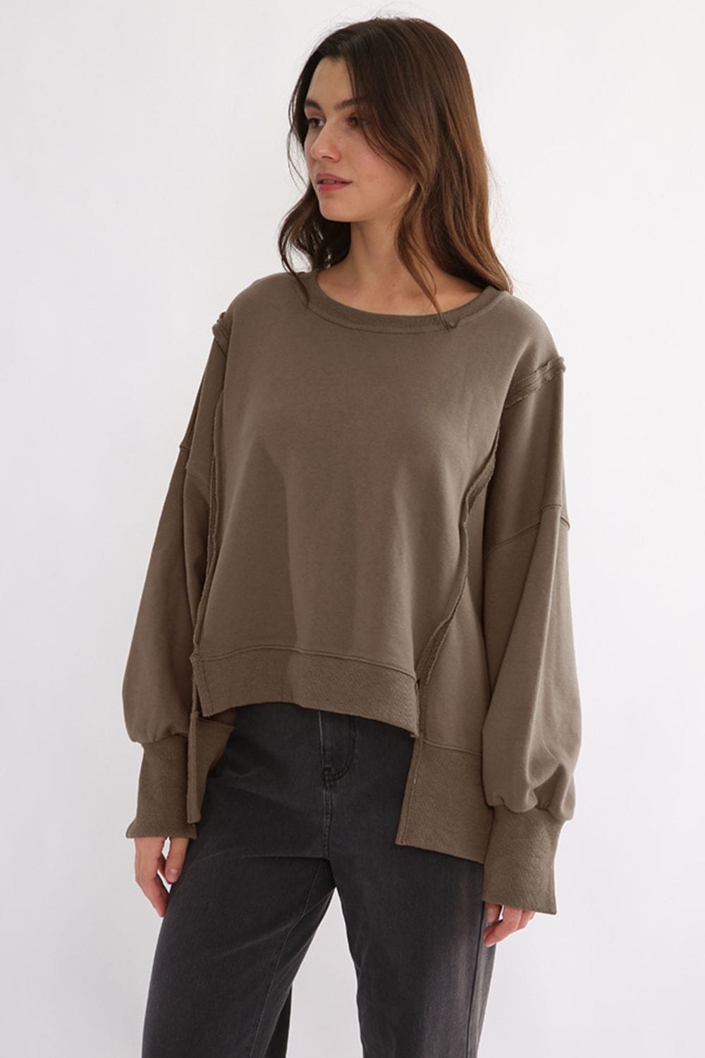 Exposed Seam High-Low Long Sleeve Sweatshirt - Trendsi