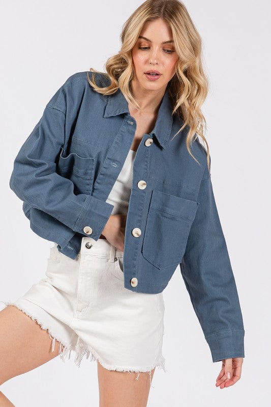 bytos Button Down Cropped Denim Jacket with Patch Pockets - Trendsi