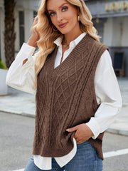 Cable Knit V-Neck Sweater Vest - Trendsi