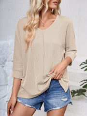 Textured Round Neck Three-Quarter Sleeve Blouse - Trendsi