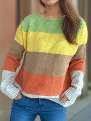 Color Block Round Neck Long Sleeve Sweater - Trendsi