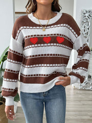 Heart Round Neck Long Sleeve Sweater - Trendsi