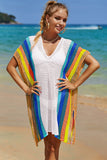 Double Take Openwork Striped Slit Knit Cover Up - Flyclothing LLC