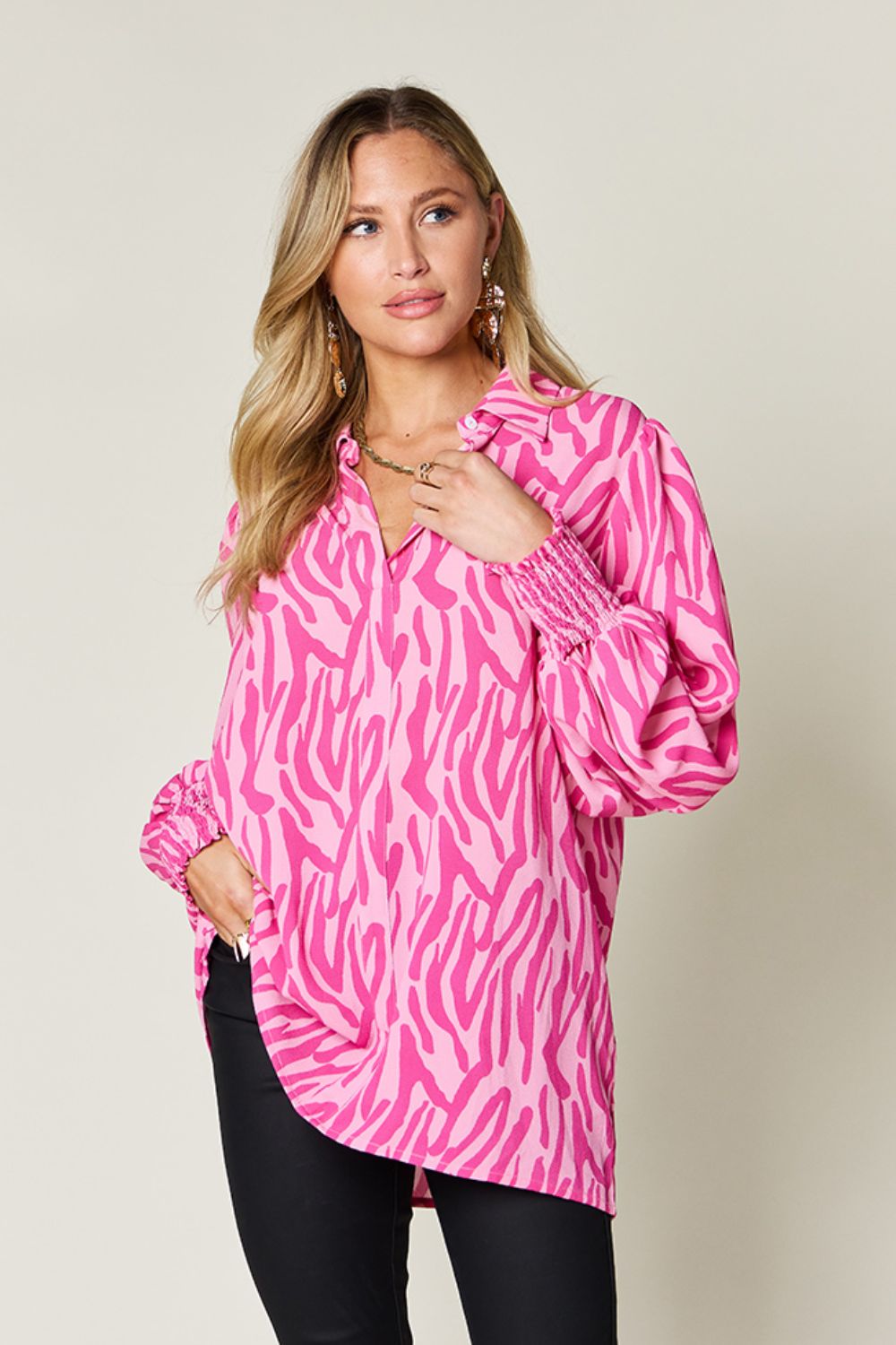 Double Take Full Size Printed Smocked Long Sleeve Blouse - Flyclothing LLC