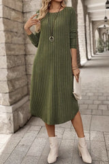 Ribbed Curved Hem Round Neck Long Sleeve Dress