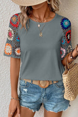 Geometric Round Neck Short Sleeve Blouse Trendsi