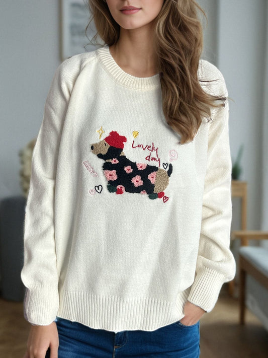 Puppy Round Neck Raglan Sleeve Sweater - Trendsi