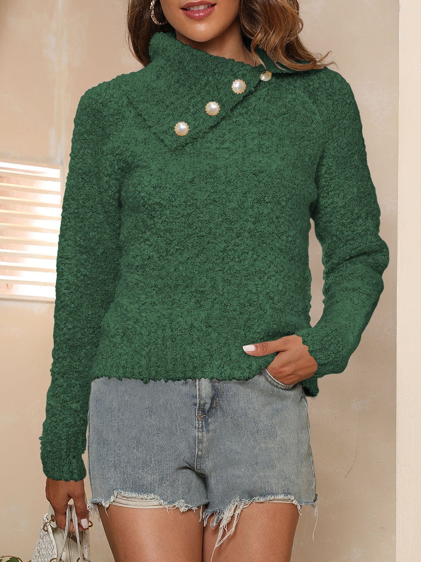 Asymmetric Collared Neck Long Sleeve Sweater - Trendsi