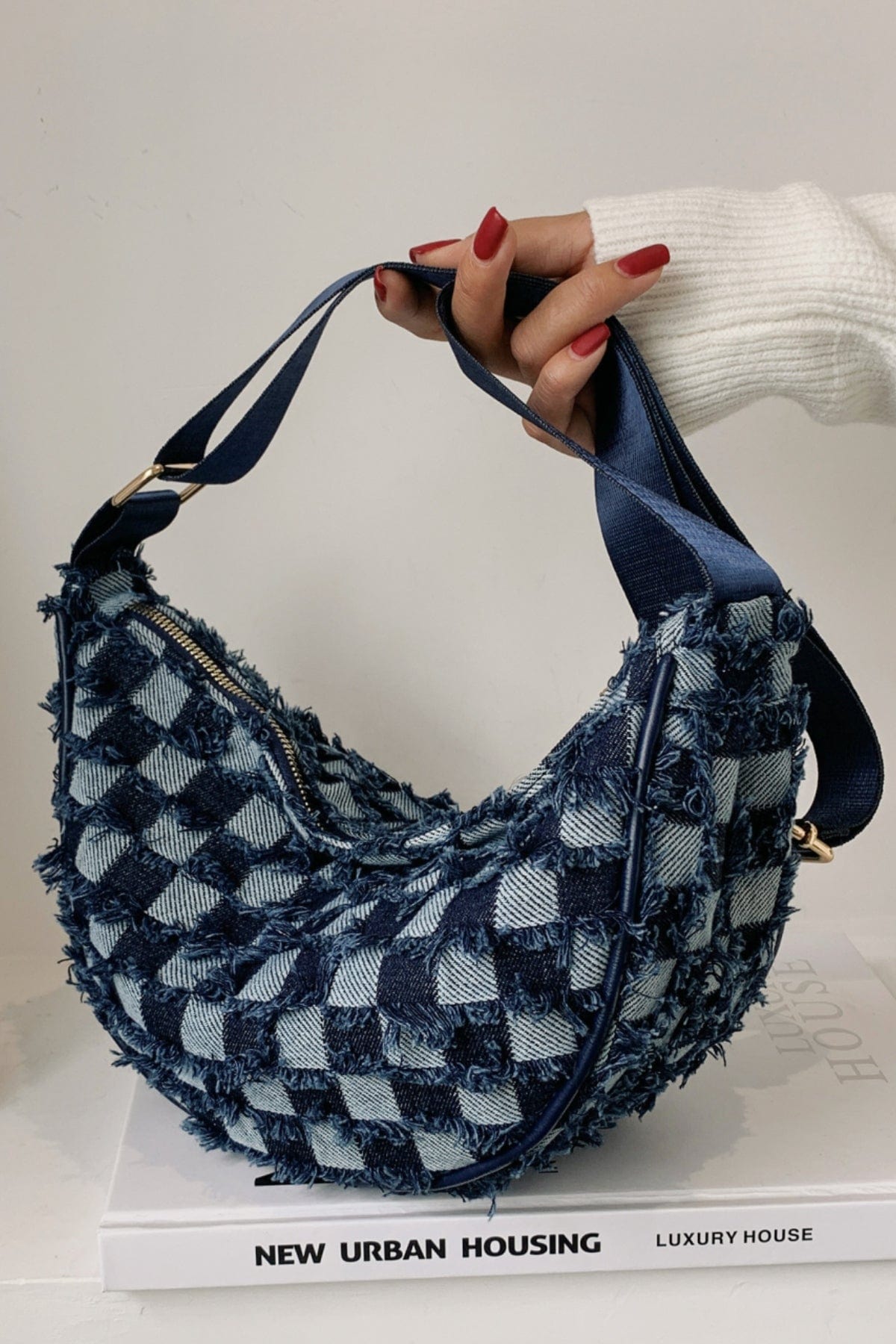 Raw Hem Checkered Denim Crossbody Bag - Trendsi