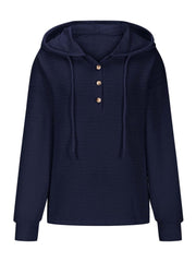 Drawstring Quarter Button Long Sleeve Hoodie - Trendsi