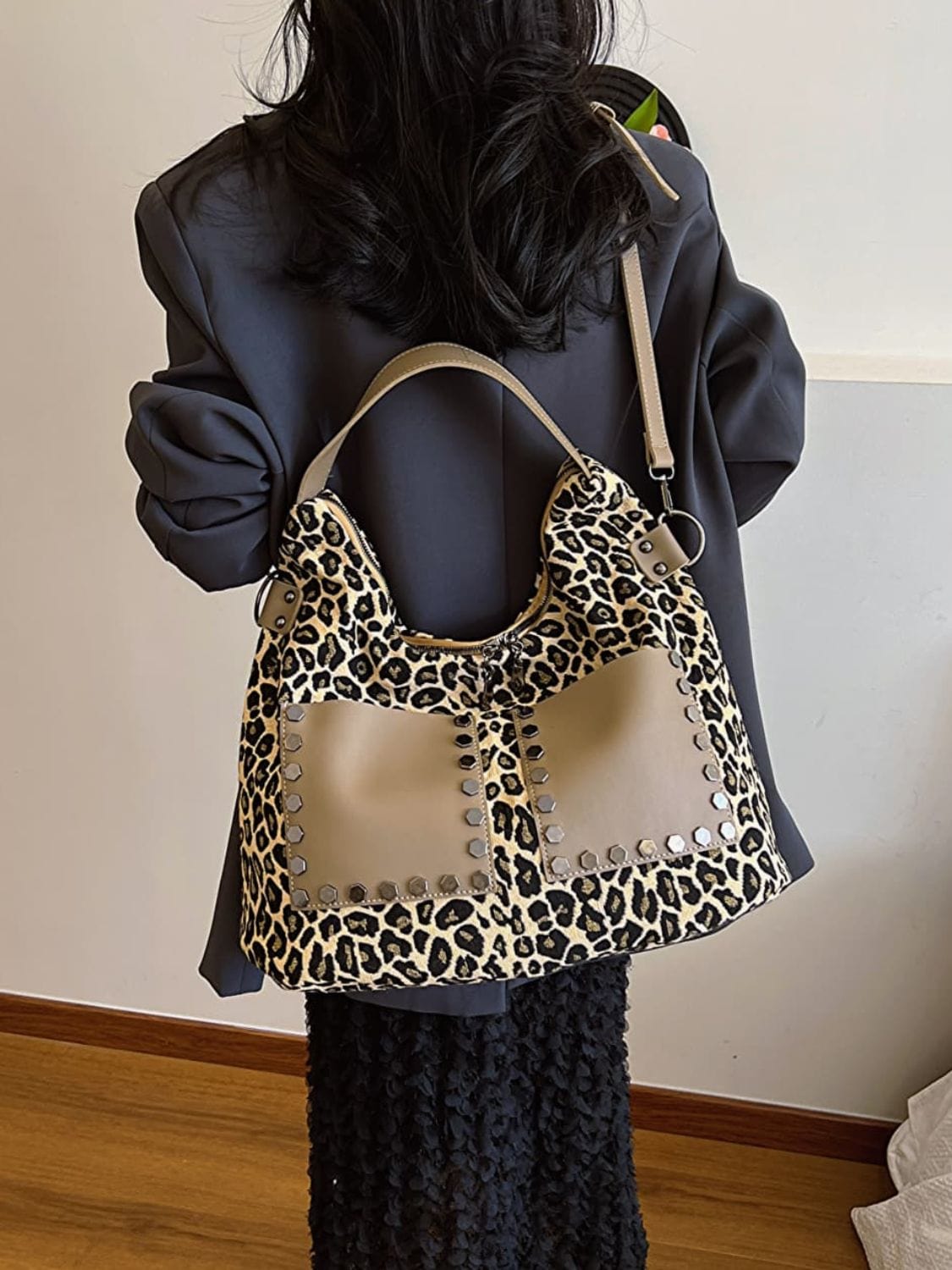 Leopard Polyester Shoulder Bag with Zippers - Trendsi